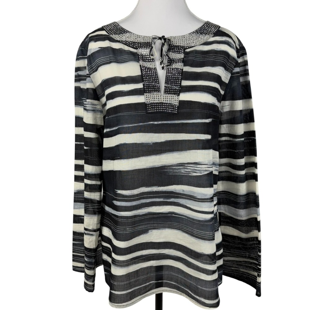 St John SoCa Tunic Top Womens S Black White Zebra Stripe Studded V Neckline